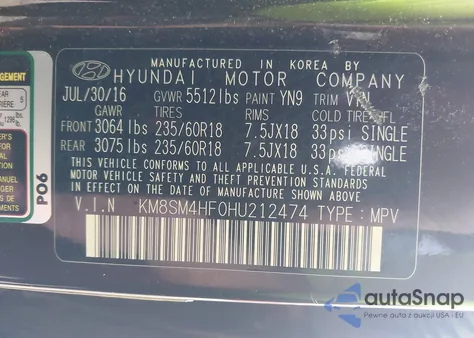 2017 Hyundai Santa Fe Se from USA, damaged, VIN KM8SM4HF0HU212474